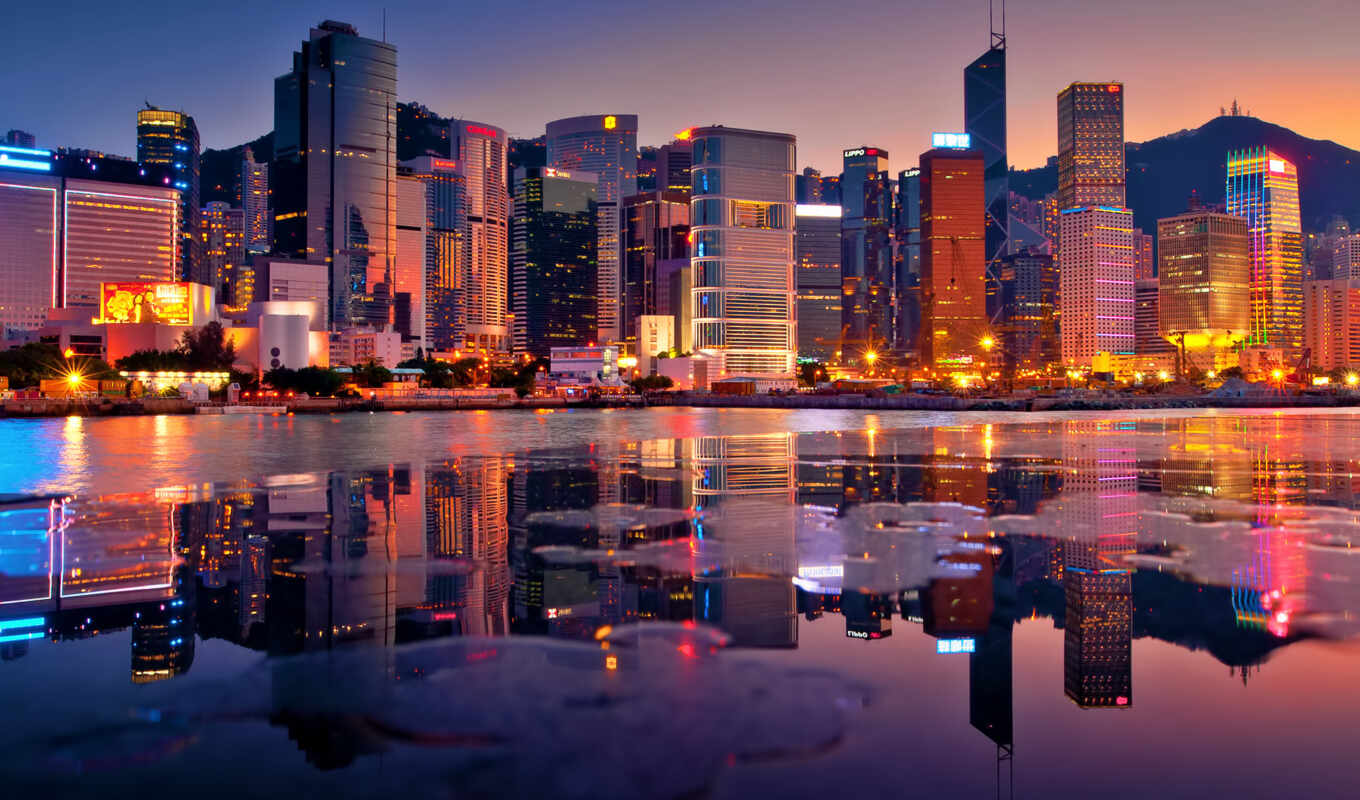 sunset, cities, building, skyscrapers, hong, hong kong, the bay